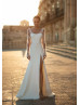 Long Sleeves Ivory Lace Satin High Slit Wedding Dress